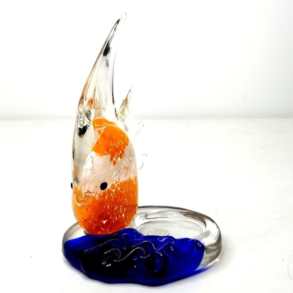 Art Glass Clear, Orange, White & Blue Angel Fish Tea Light Candle Holder - Picture 5 of 9